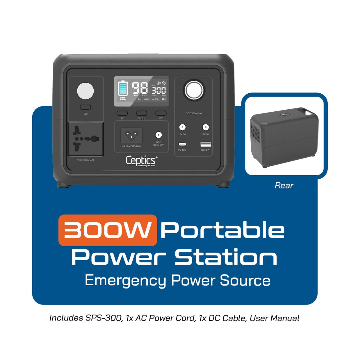 Ceptics 300W Portable Power Station with 256Wh LiFePO4 Battery – Fast Recharge 0% to 100% in 2.5 Hours – India Voltage 230V 50Hz – Lightweight & Compact for Home Backup and Outdoor Use