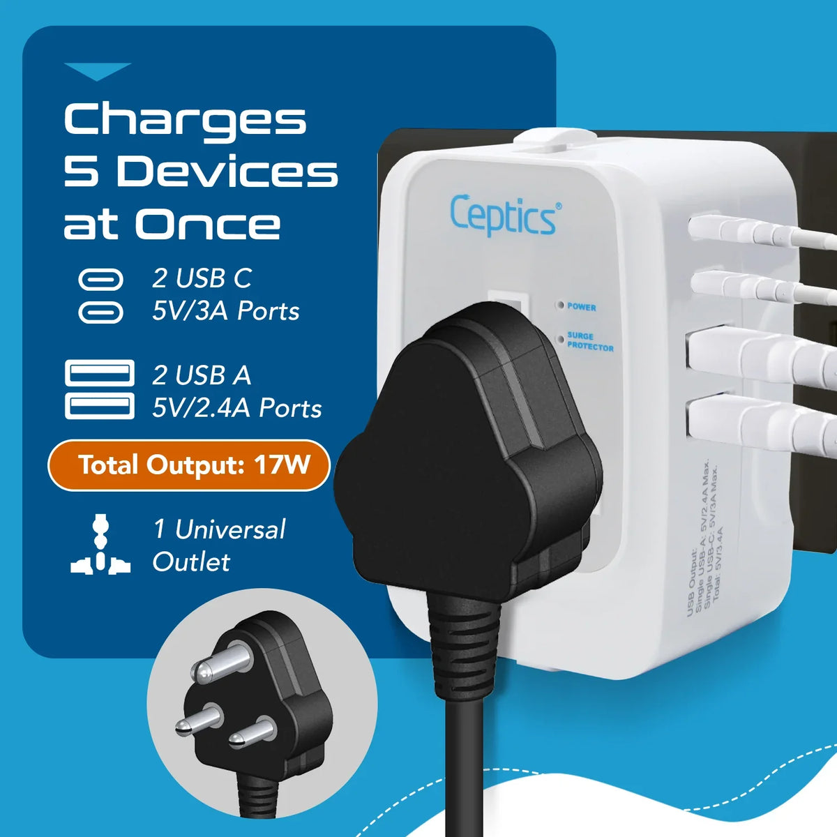Universal travel adapter with 2 USB-A & 2 USB-C – 5 in 1 travel adapter – CE & FCC certified - UP-13KU image 3