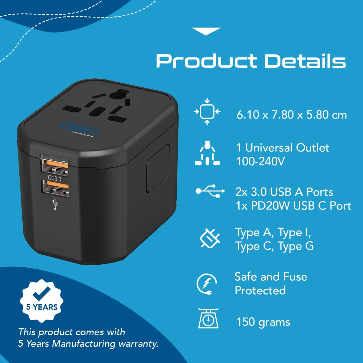 Universal travel adapter – 2 USB-A & 1 USB-C 20W – 4 in 1 travel adapter – CE & RoHS certified - UP-8CU image 4