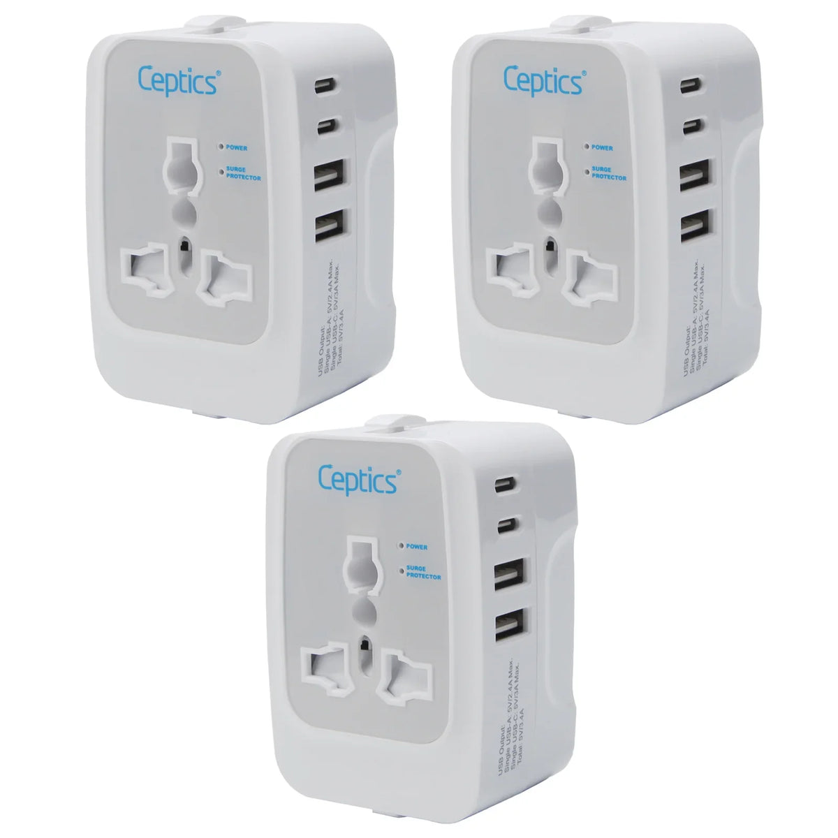 Universal travel adapter with 2 USB-A & 2 USB-C – 5 in 1 travel adapter – CE & FCC certified - UP-13KU - 3 Pack image