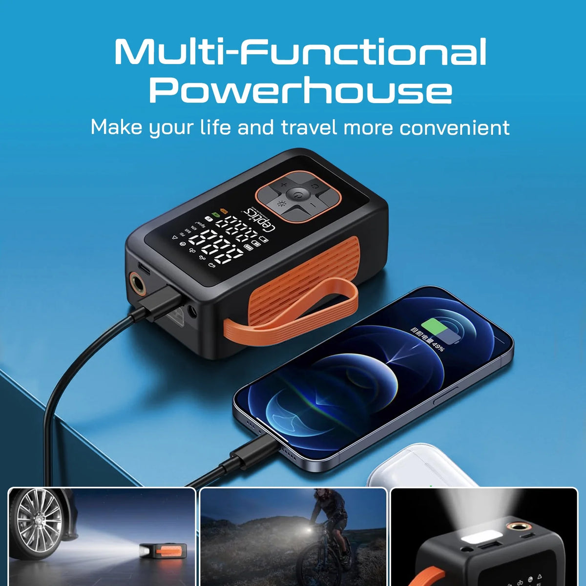 Tyre inflator for car, bike and balls – 150 PSI – 12V car socket plug & 3600 mAH Battery - TI-H100 image 3