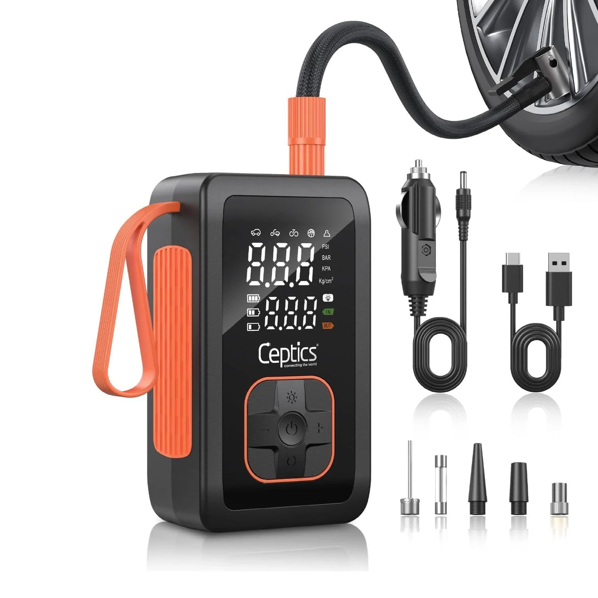 Tyre inflator for car, bike and balls – 150 PSI – 12V car socket plug & 3600 mAH Battery - TI-H100 image 0