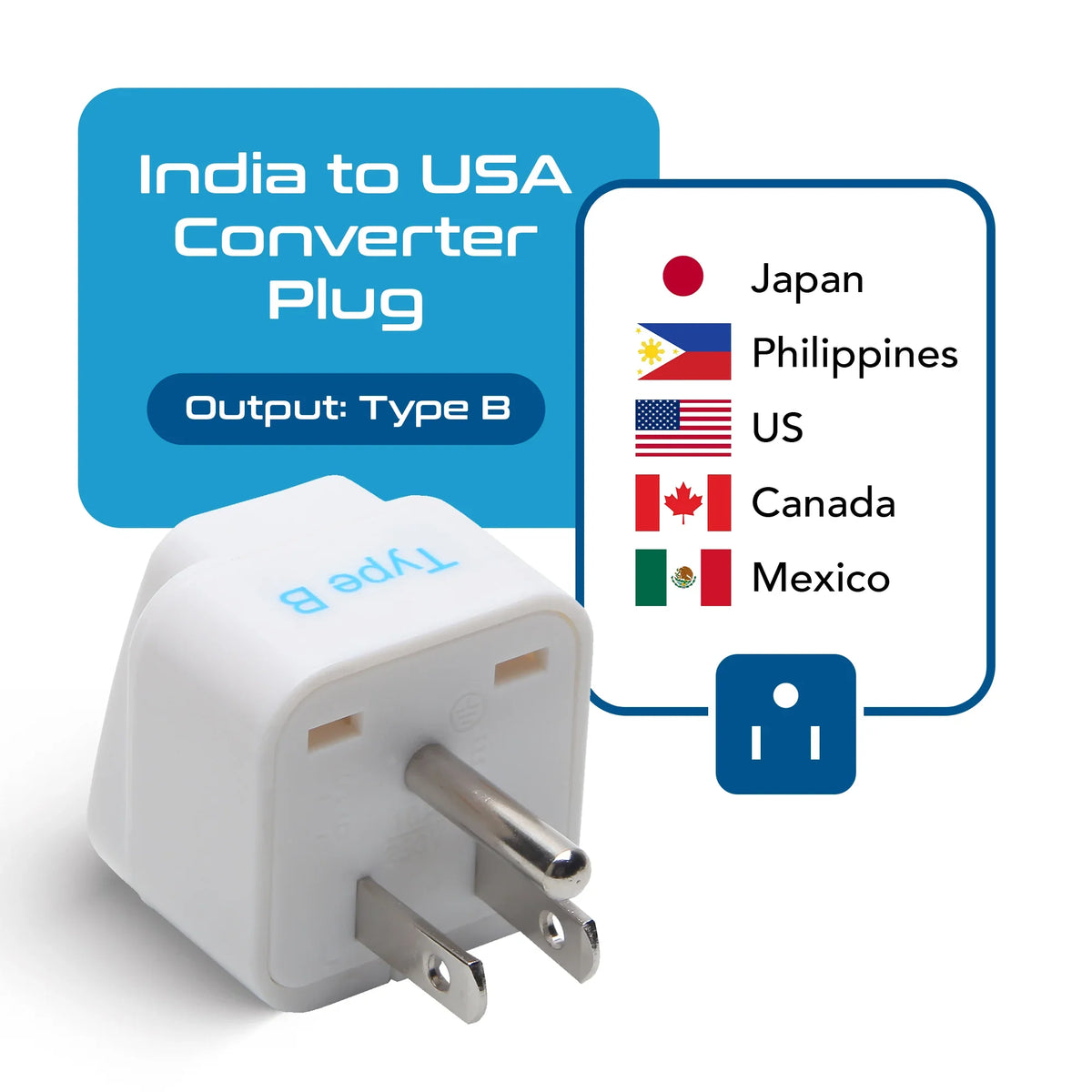 India to USA, Canada travel adapter plug – Type B – CE & RoHS certified - GP-5 image 1
