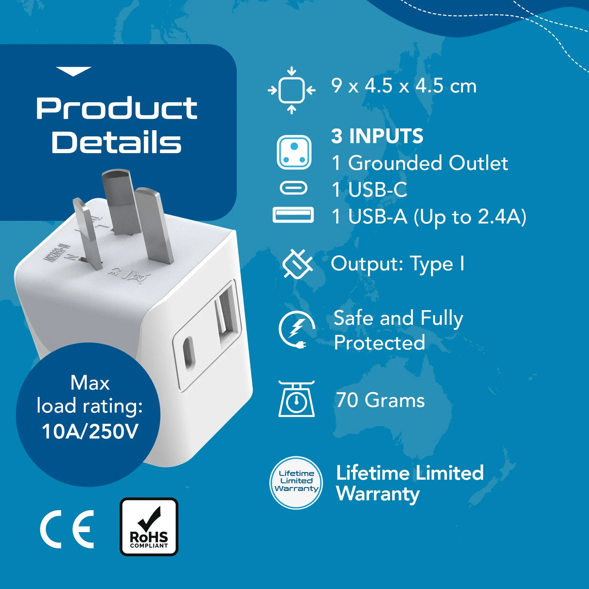 India to Australia, China travel adapter – Type I – 1 USB-A & 1 USB-C – 3 in 1 Plug – CE & RoHS certified - CTUD-16 image 5