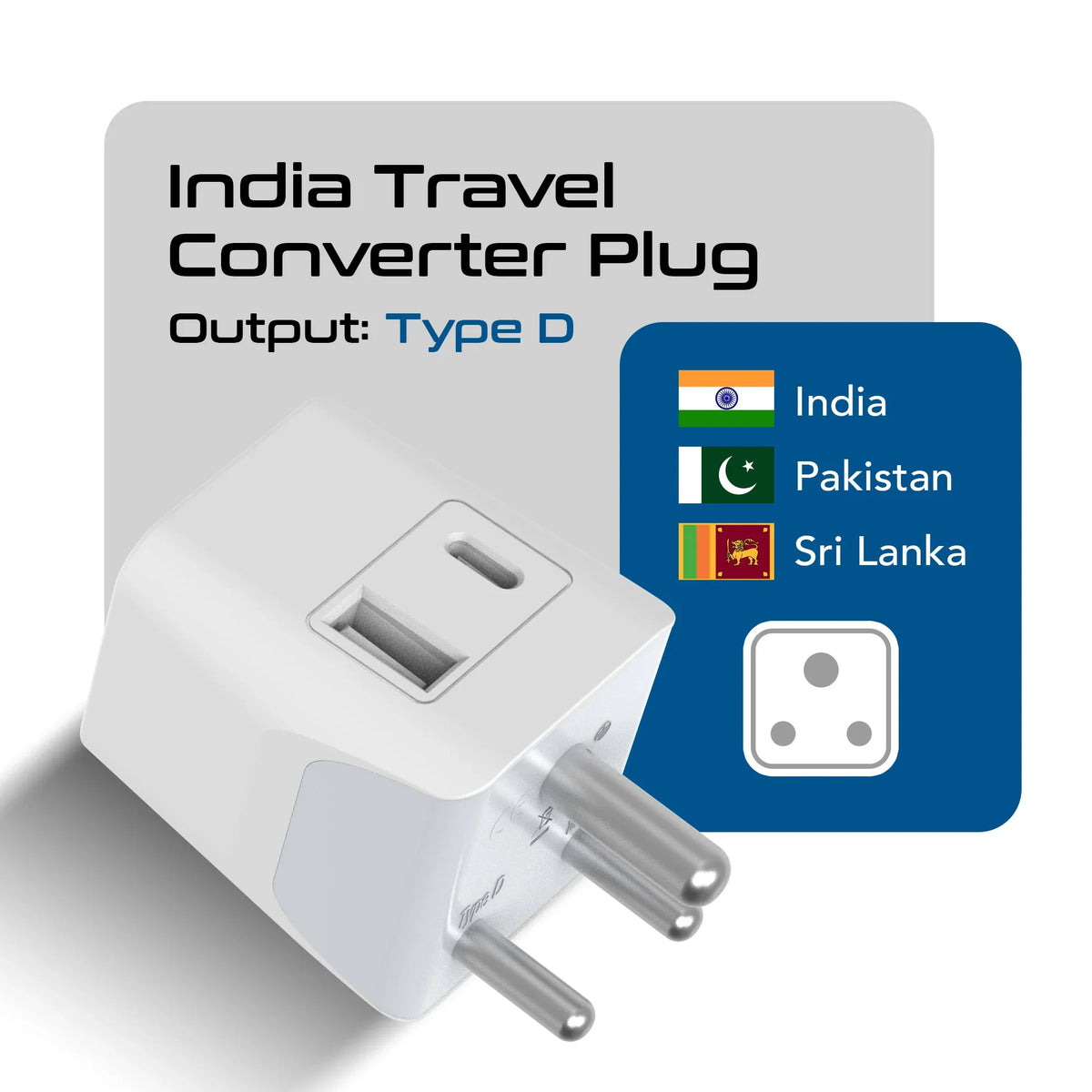 Multiplug adapter – Type D – 1 USB-A & 1 USB-C – 3 in 1 Plug – CE & RoHS certified - CTUD-10 image 1
