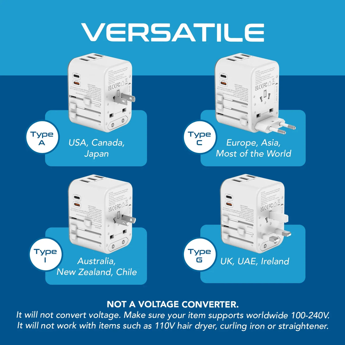 Universal travel adapter – 3 USB-A & 2 USB-C 35W – 6 in 1 travel adapter – CE & RoHS certified - White - UP-11KU-W image 9