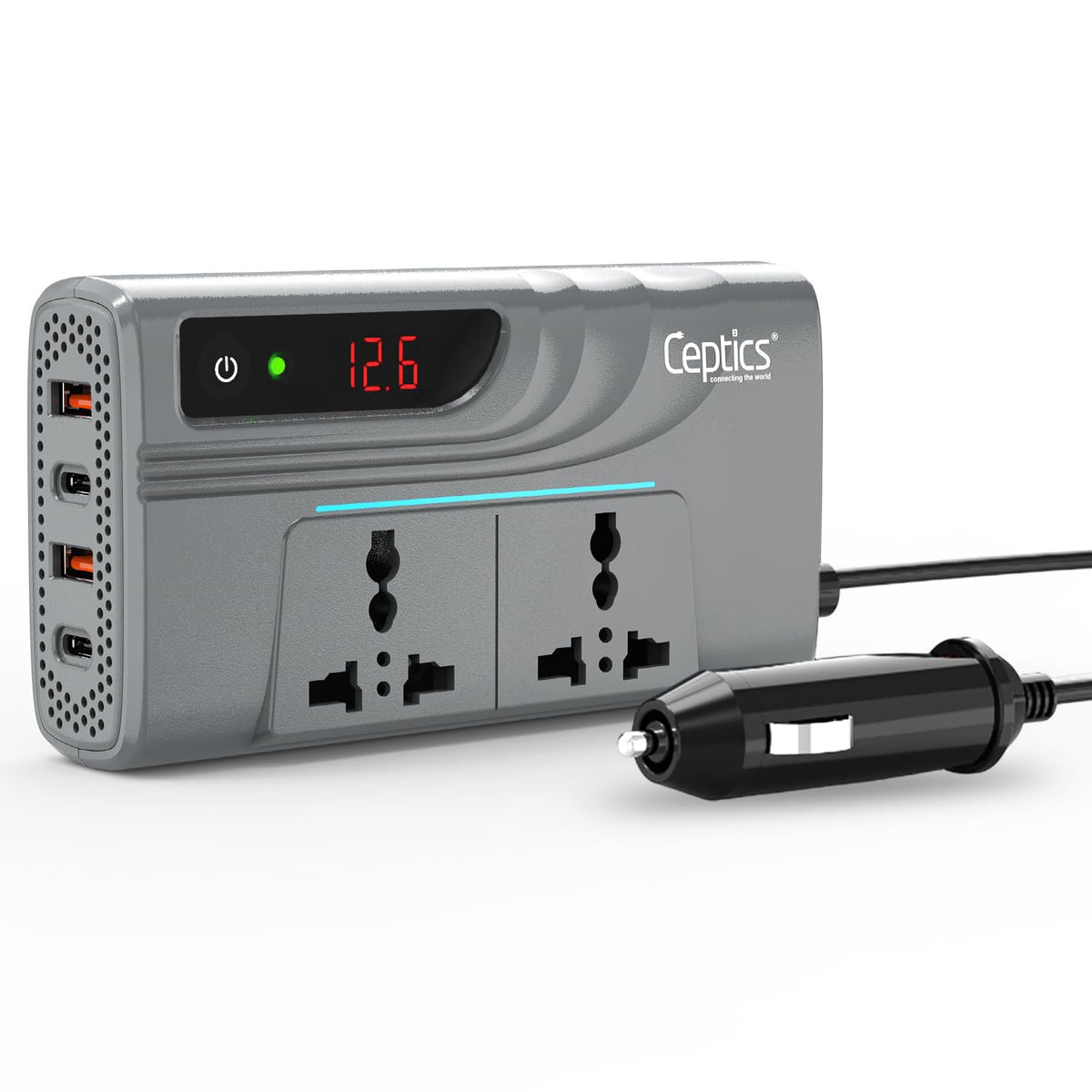 200W car inverter – 2 AC outlets & 2 USB-A & 2 USB-C – Cigarette lighter plug – CE & FCC certified - PI-200M