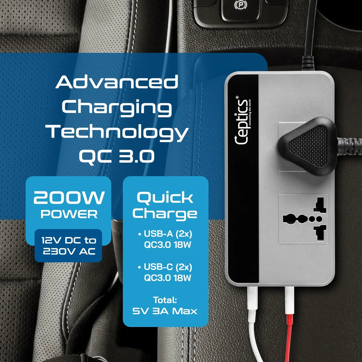 200W car inverter – 2 AC outlets & 2 USB-A & 2 USB-C QC3.0 18W – Cigarette lighter plug – CE & FCC certified - PI-200A3U image 8