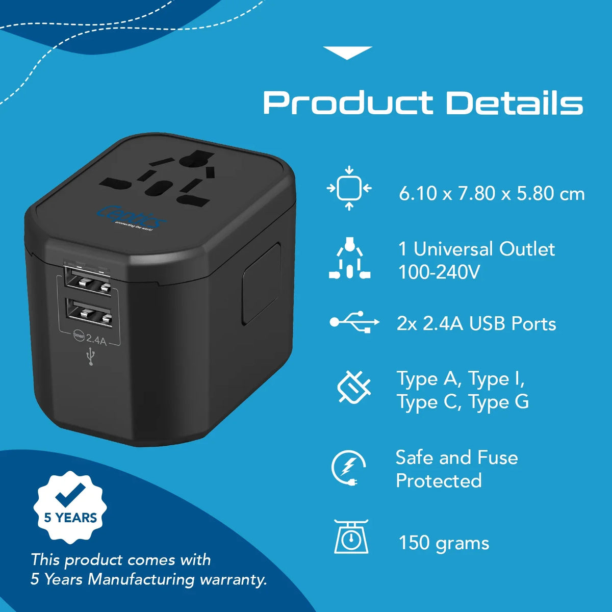 Universal travel adapter with 2 USB-A – 3 in 1 travel adapter – CE & RoHS certified - UP-8KU image 4
