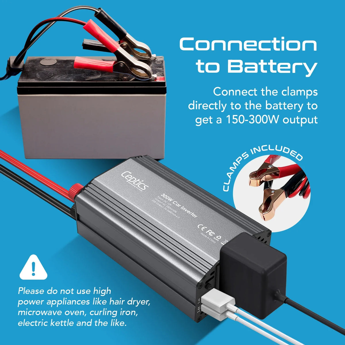300W car inverter – 1 AC outlet & 2 USB-A – Cigarette lighter plug & Battery terminals – CE & FCC certified - PI-300W2U image 5
