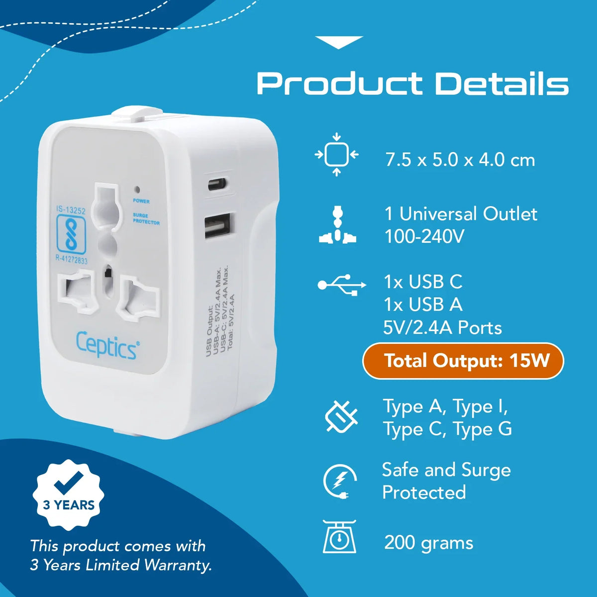 Universal travel adapter with 1 USB-A & 1 USB-C – 3 in 1 travel adapter – CE & FCC certified - UP-10KU image 3
