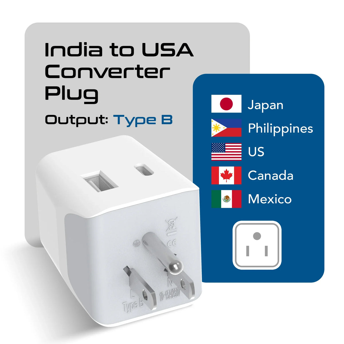 India to USA travel adapter – Type B – 1 USB-A & 1 USB-C – 3 in 1 Plug – CE & RoHS certified - CTUD-5 image 1