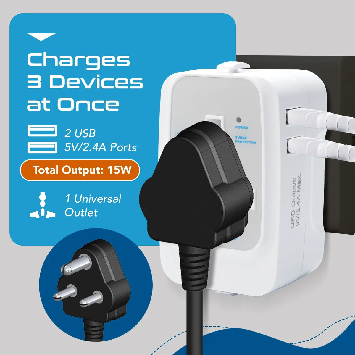 Universal travel adapter with 2 USB-A – 3 in 1 travel adapter – CE & FCC certified - UP-7KU image 2