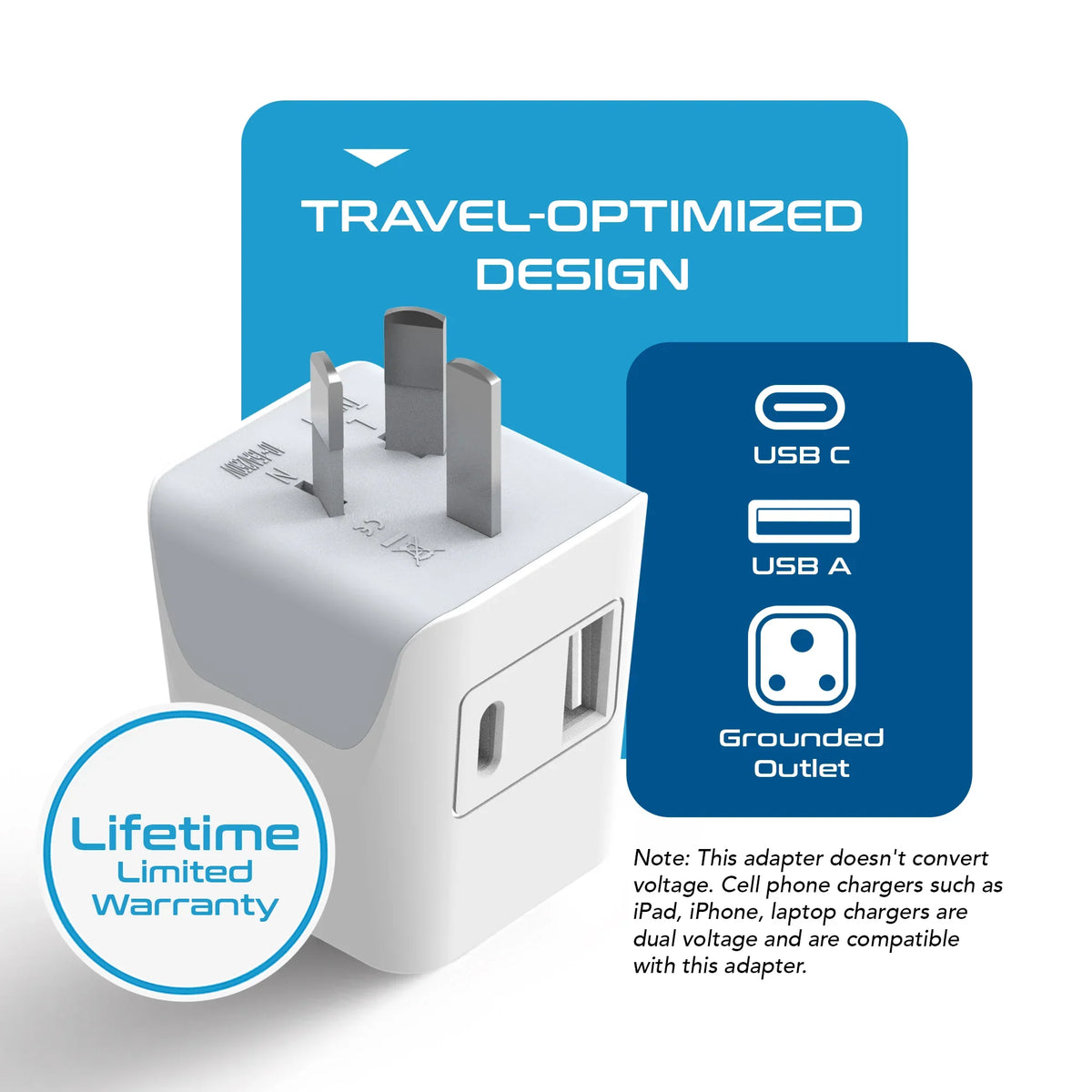 India to Australia, China travel adapter – Type I – 1 USB-A & 1 USB-C – 3 in 1 Plug – CE & RoHS certified - CTUD-16 image 3
