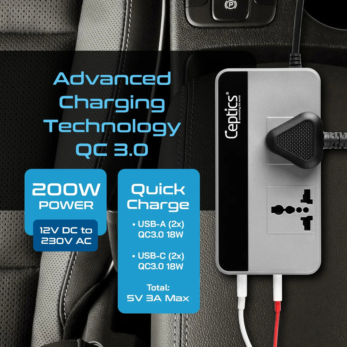 200W car inverter – 2 AC outlets & 2 USB-A & 2 USB-C – Cigarette lighter plug – CE & FCC certified - PI-200W4U image 7
