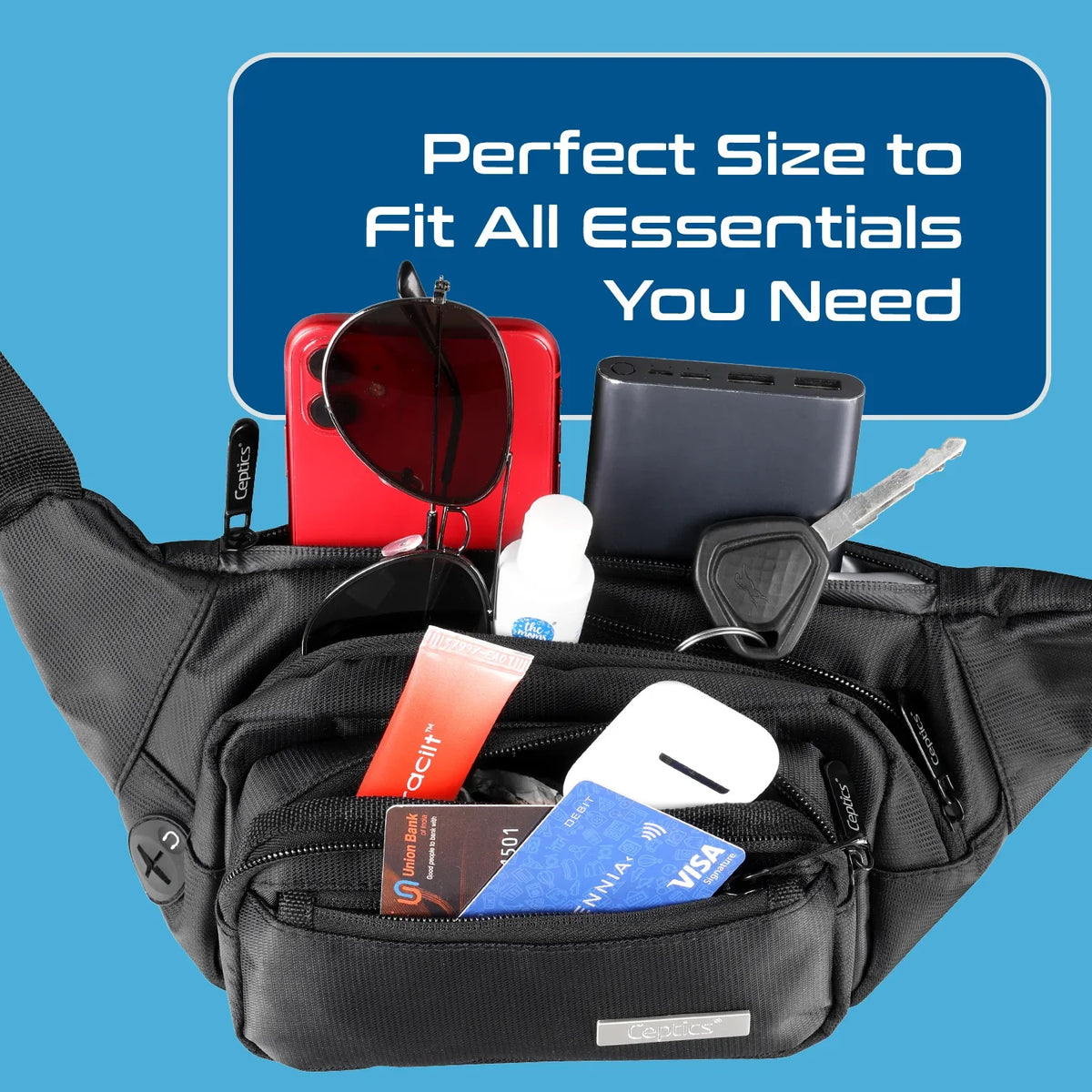 Waist bag for travel - 4 different size pockets - Water resistant and RFID safe - Black - WB-4B image 5