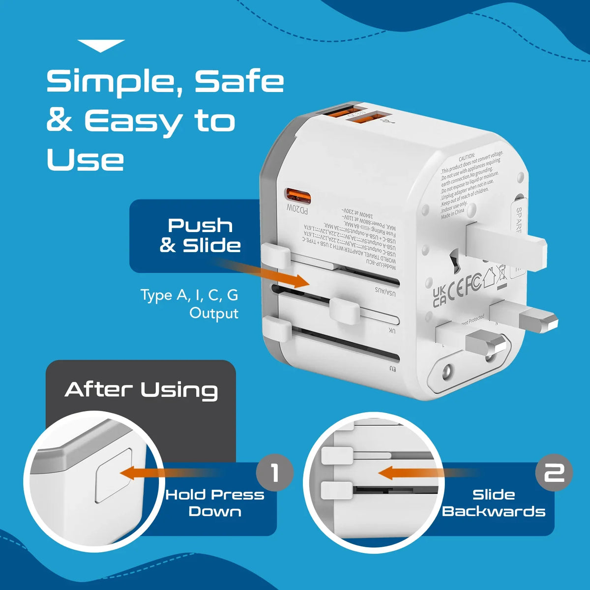 Universal travel adapter – 2 USB-A & 1 USB-C 20W – 4 in 1 travel adapter – CE & RoHS certified - White - UP-8CU-W image 6