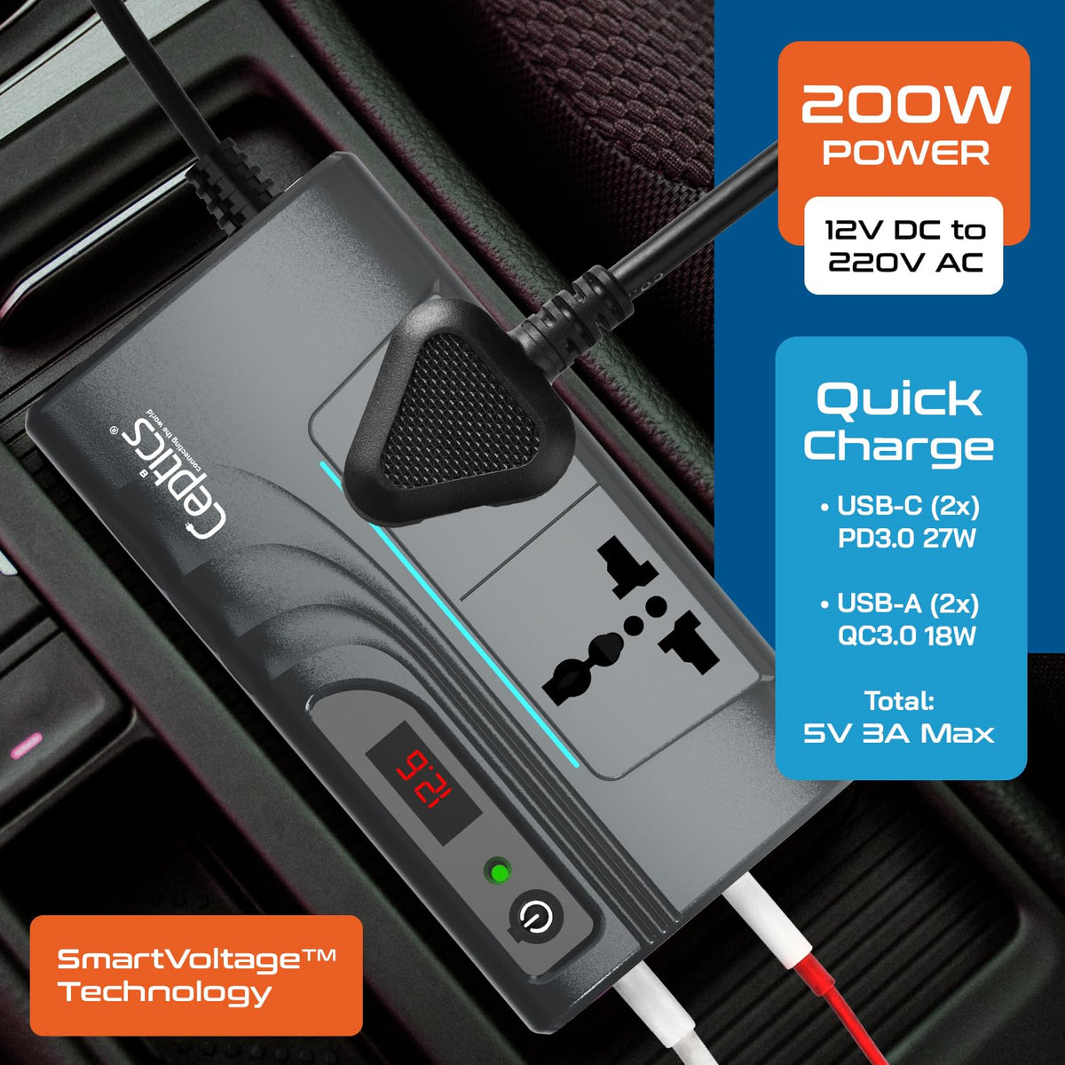 200W car inverter – 2 AC outlets & 2 USB-A & 2 USB-C – Cigarette lighter plug – CE & FCC certified - PI-200M