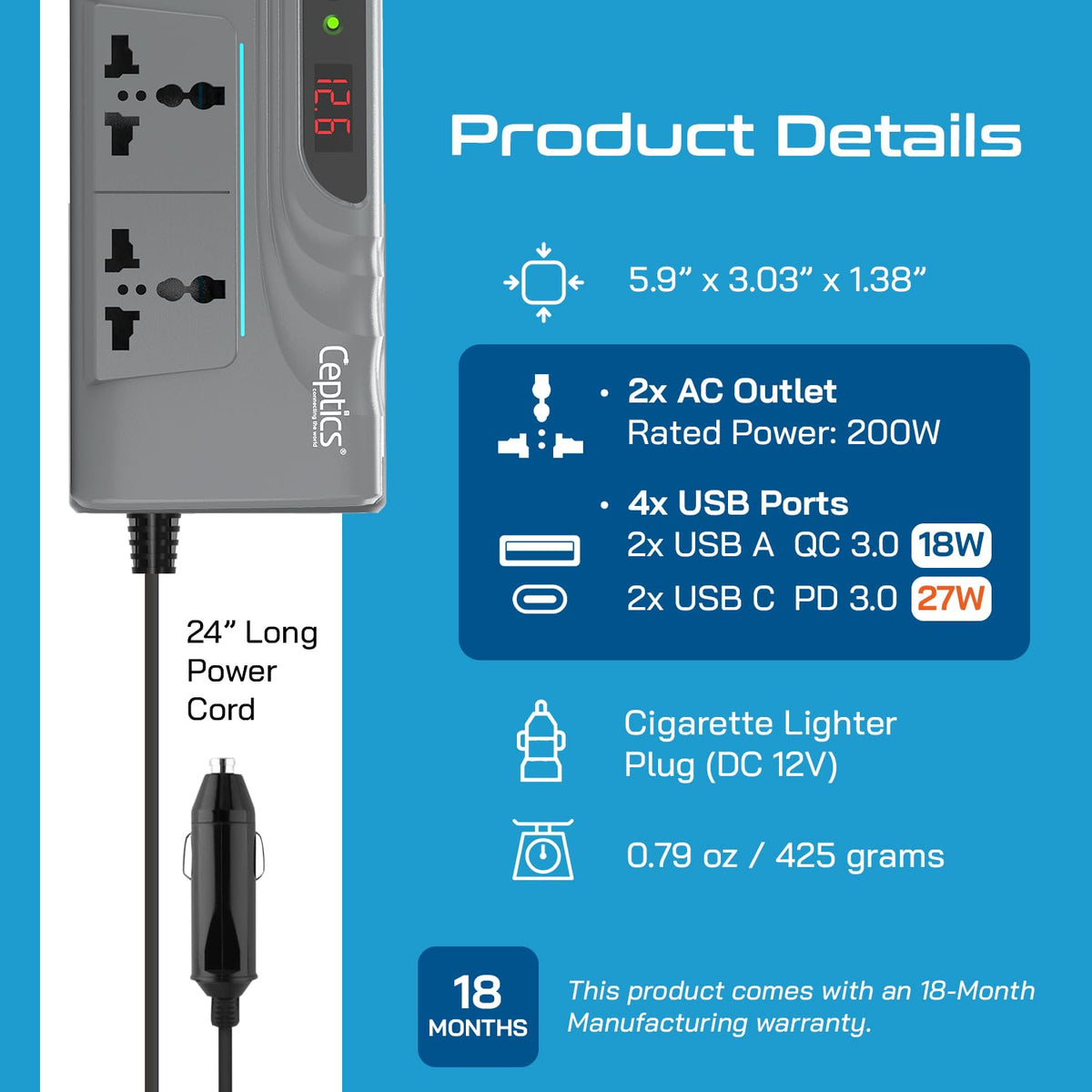 200W car inverter – 2 AC outlets & 2 USB-A & 2 USB-C – Cigarette lighter plug – CE & FCC certified - PI-200M