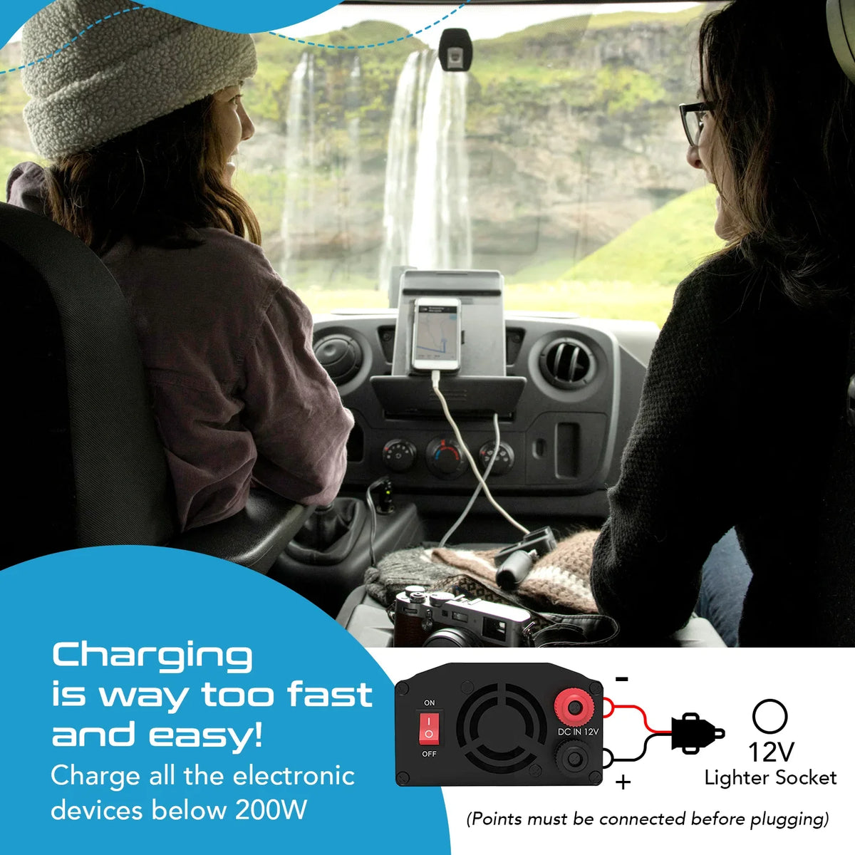 300W car inverter – 1 AC outlet & 2 USB-A – Cigarette lighter plug & Battery terminals – CE & FCC certified - PI-300W2U image 8