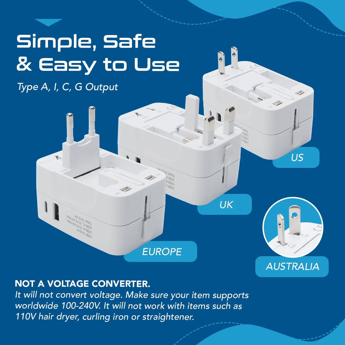 Universal travel adapter with 1 USB-A & 1 USB-C – 3 in 1 travel adapter – CE & FCC certified - UP-10KU image 4