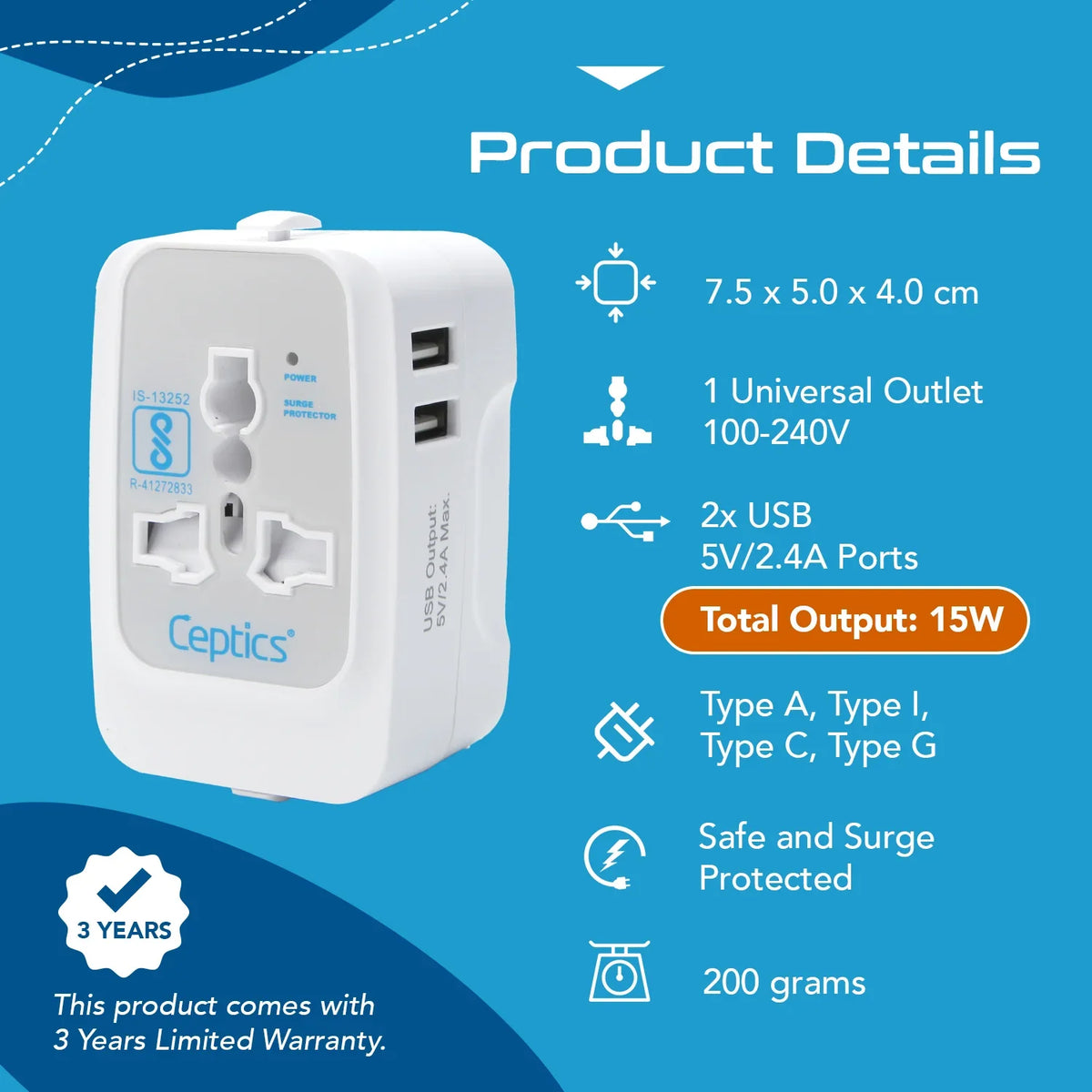 Universal travel adapter with 2 USB-A – 3 in 1 travel adapter – CE & FCC certified - UP-7KU image 3