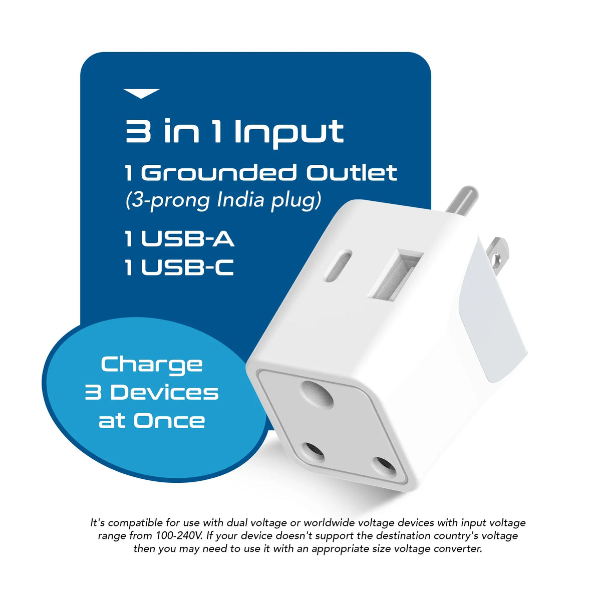 India to USA travel adapter – Type B – 1 USB-A & 1 USB-C – 3 in 1 Plug – CE & RoHS certified - CTUD-5 image 2