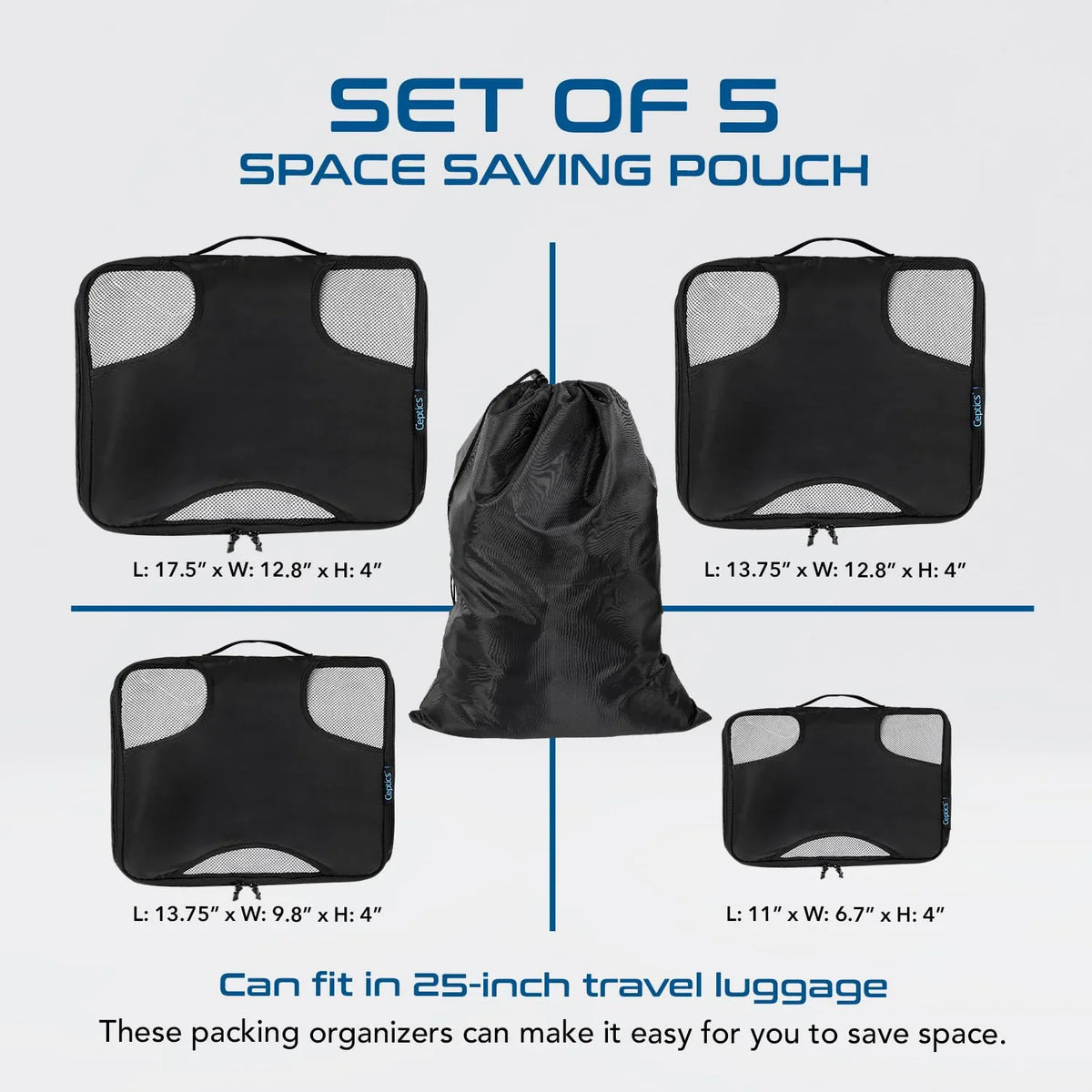 Travel organizer for luggage - Set of 5 cubes - water-resistant fabric - Black - TO-5B image 5