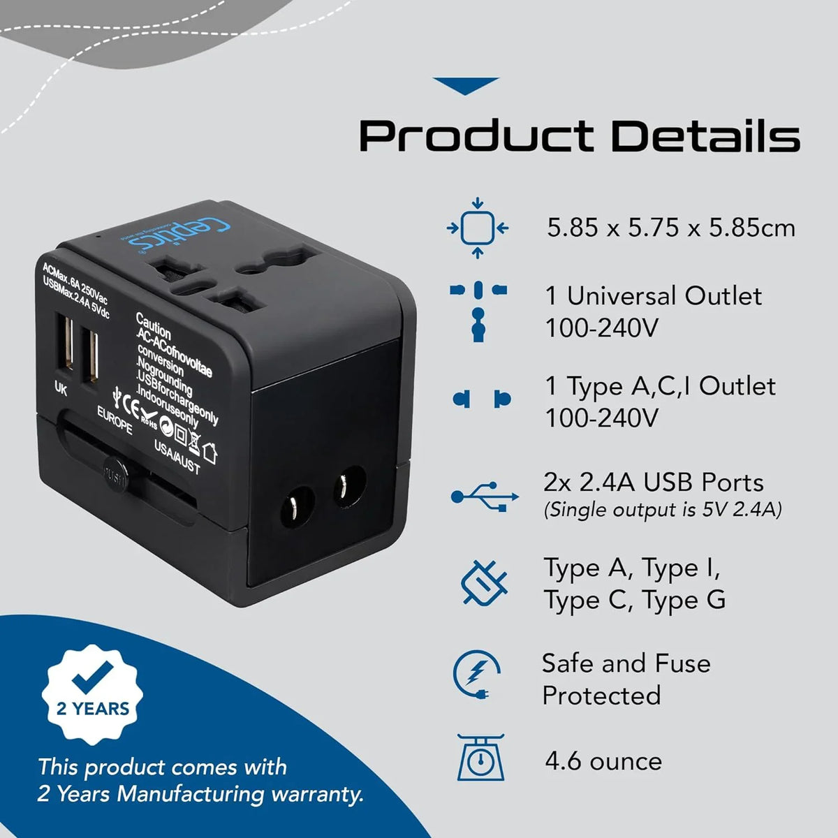 Universal travel adapter with 2 USB-A – 3 in 1 travel adapter – CE & RoHS certified - Black - UP-6KU image 5