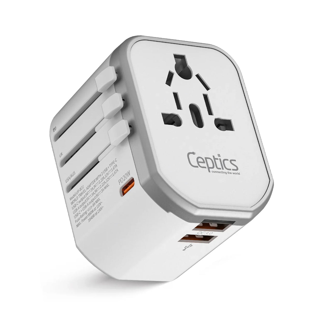 Universal travel adapter – 2 USB-A & 1 USB-C 20W – 4 in 1 travel adapter – CE & RoHS certified - White - UP-8CU-W image 0