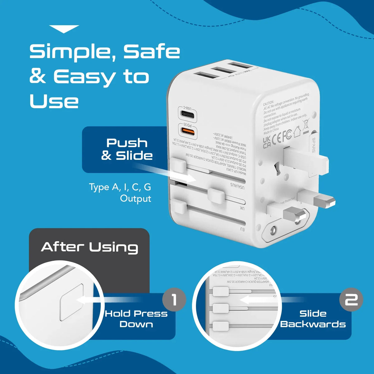 Universal travel adapter – 3 USB-A & 2 USB-C 35W – 6 in 1 travel adapter – CE & RoHS certified - White - UP-11KU-W image 7