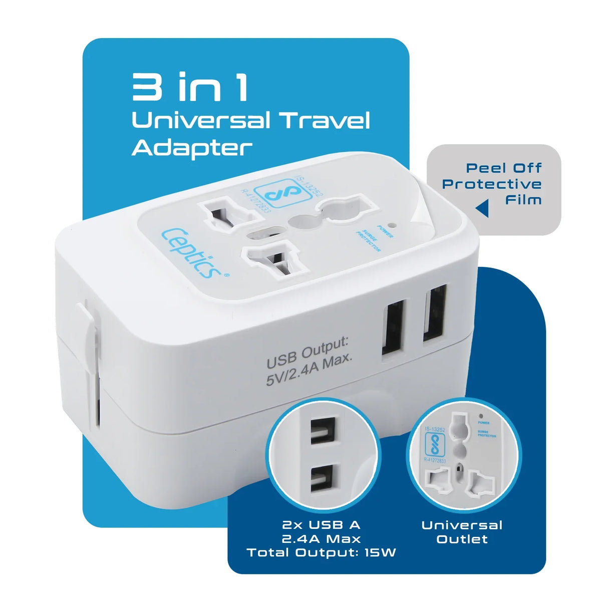 Universal travel adapter with 2 USB-A – 3 in 1 travel adapter – CE & FCC certified - UP-7KU image 1