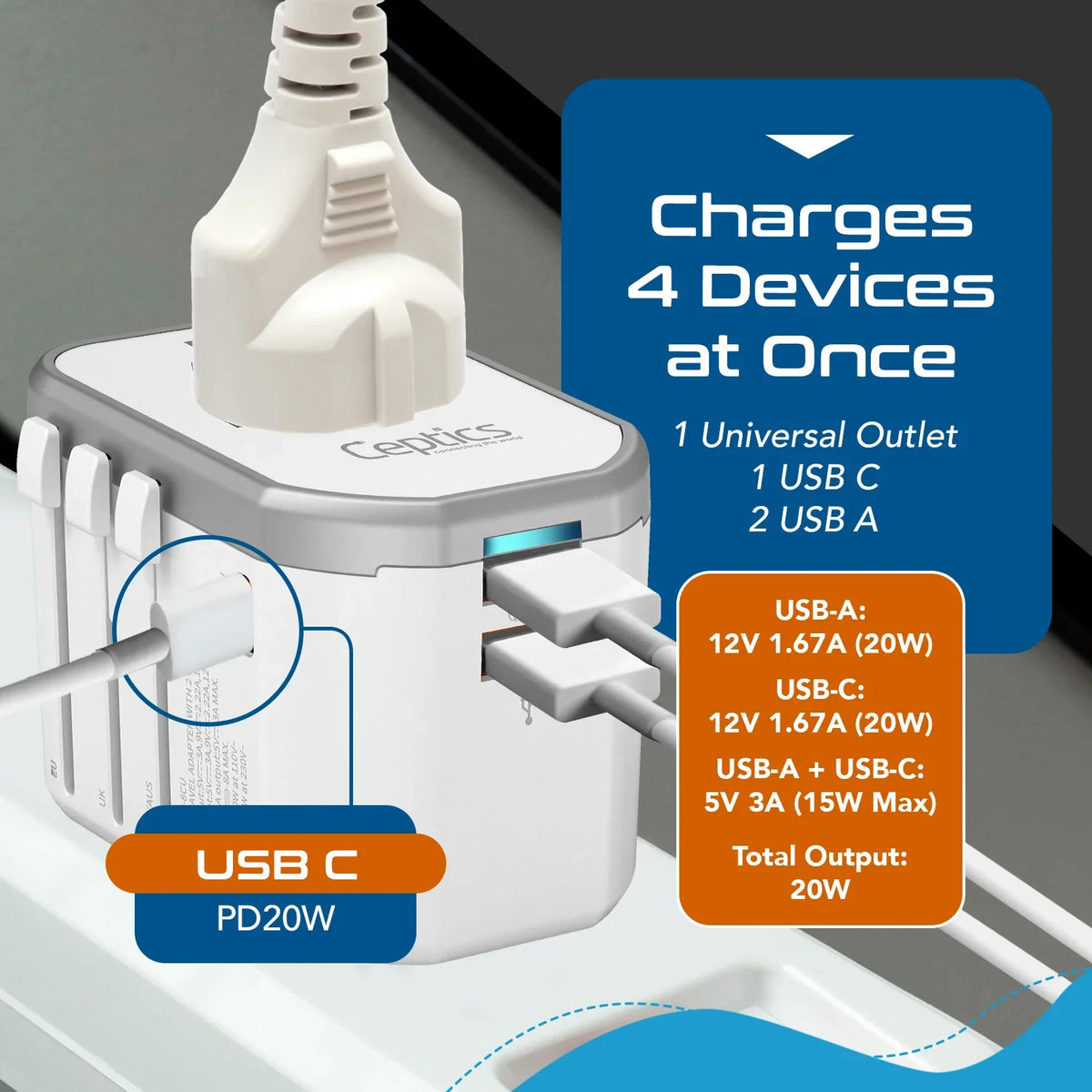 Universal travel adapter – 2 USB-A & 1 USB-C 20W – 4 in 1 travel adapter – CE & RoHS certified - White - UP-8CU-W image 5