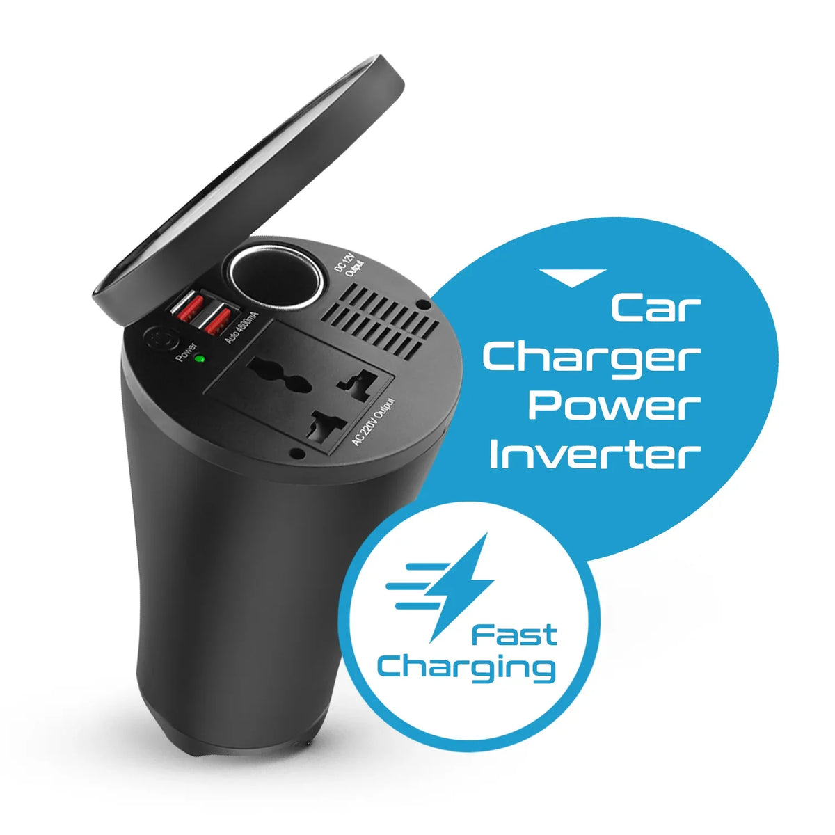 150W car inverter – 1 AC outlet & 2 USB-A – Cigarette lighter plug – CE & FCC certified - PI-150W2U image 1