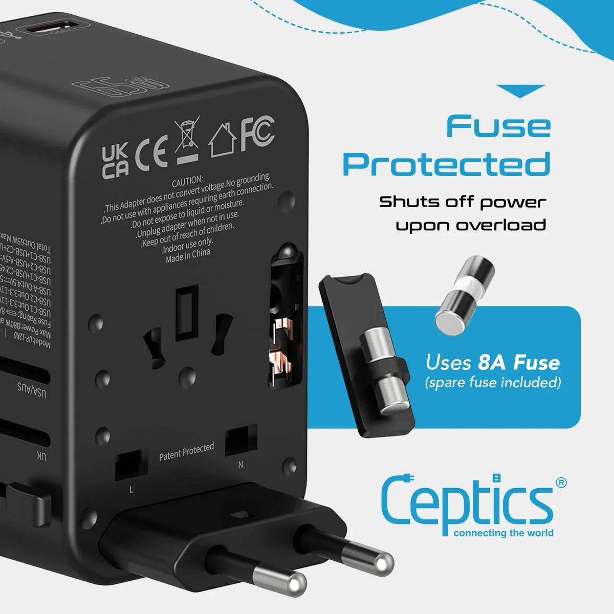 Universal travel adapter – 1 USB-A & 2 USB-C 65W GaN – 4 in 1 travel adapter – CE & RoHS certified - UP-12KU image 4