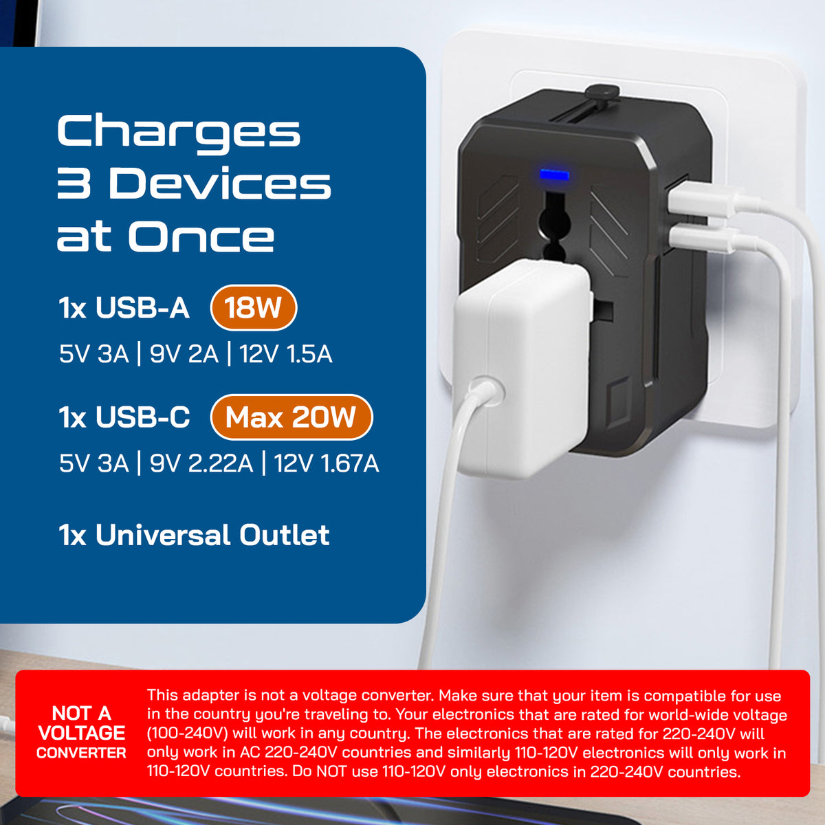 Universal travel adapter with 1 USB-A & 1 USB-C – 3 in 1 travel adapter – CE & FCC certified - UP-10KU-TP