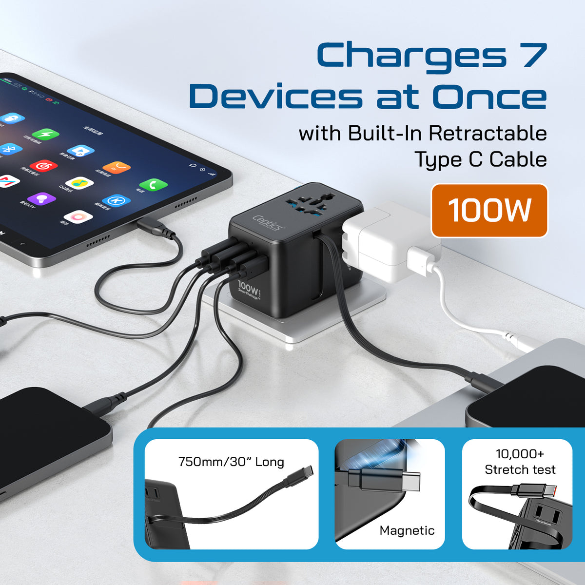 Universal travel adapter – 2 USB-A, 2 USB-C & 100W retractable USB-C cable – 7 in 1 travel adapter – CE & RoHS certified