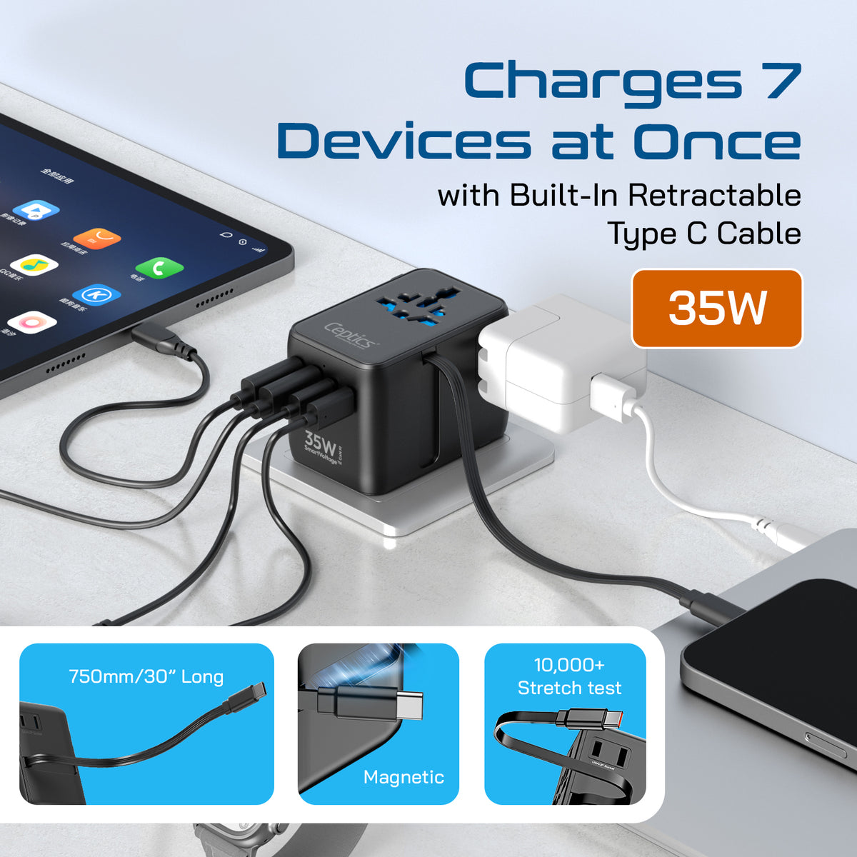 Universal travel adapter – 2 USB-A, 2 USB-C & 35W PD retractable USB-C cable – 7 in 1 travel adapter – CE & RoHS certified
