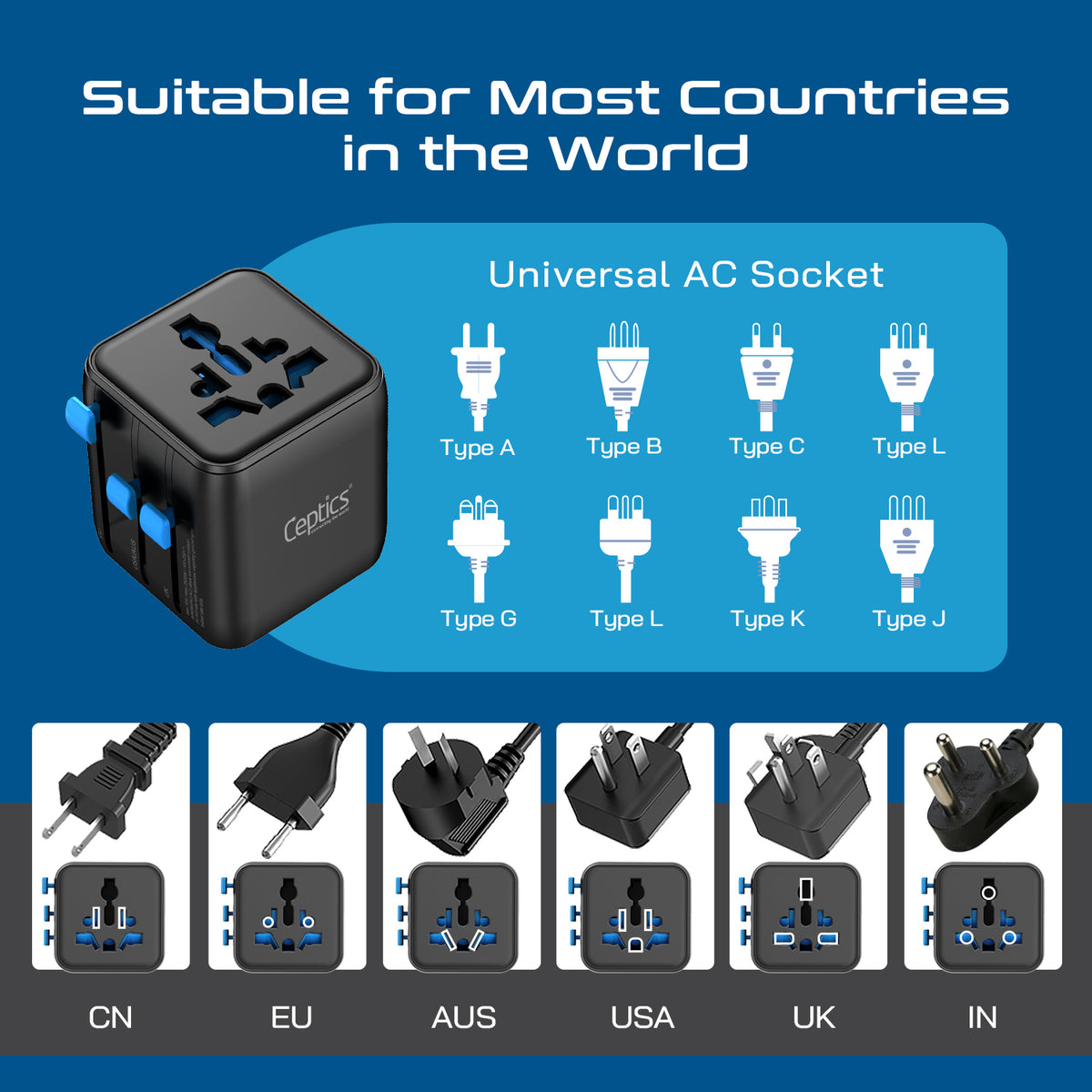 Universal travel adapter – 1 universal input & 1 N. America/Japan input – 2 in 1 travel adapter – CE & RoHS certified