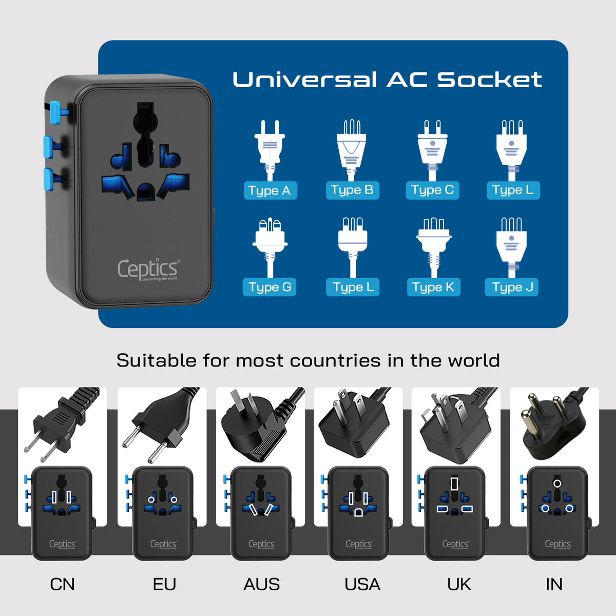 Universal travel adapter – 2 USB-A, 2 USB-C & 35W PD retractable USB-C cable – 7 in 1 travel adapter – CE & RoHS certified