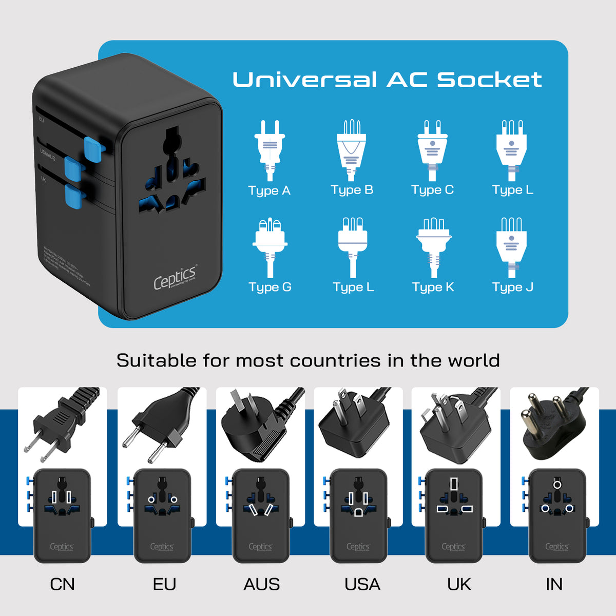 Universal travel adapter – 2 USB-A, 2 USB-C & 100W retractable USB-C cable – 7 in 1 travel adapter – CE & RoHS certified