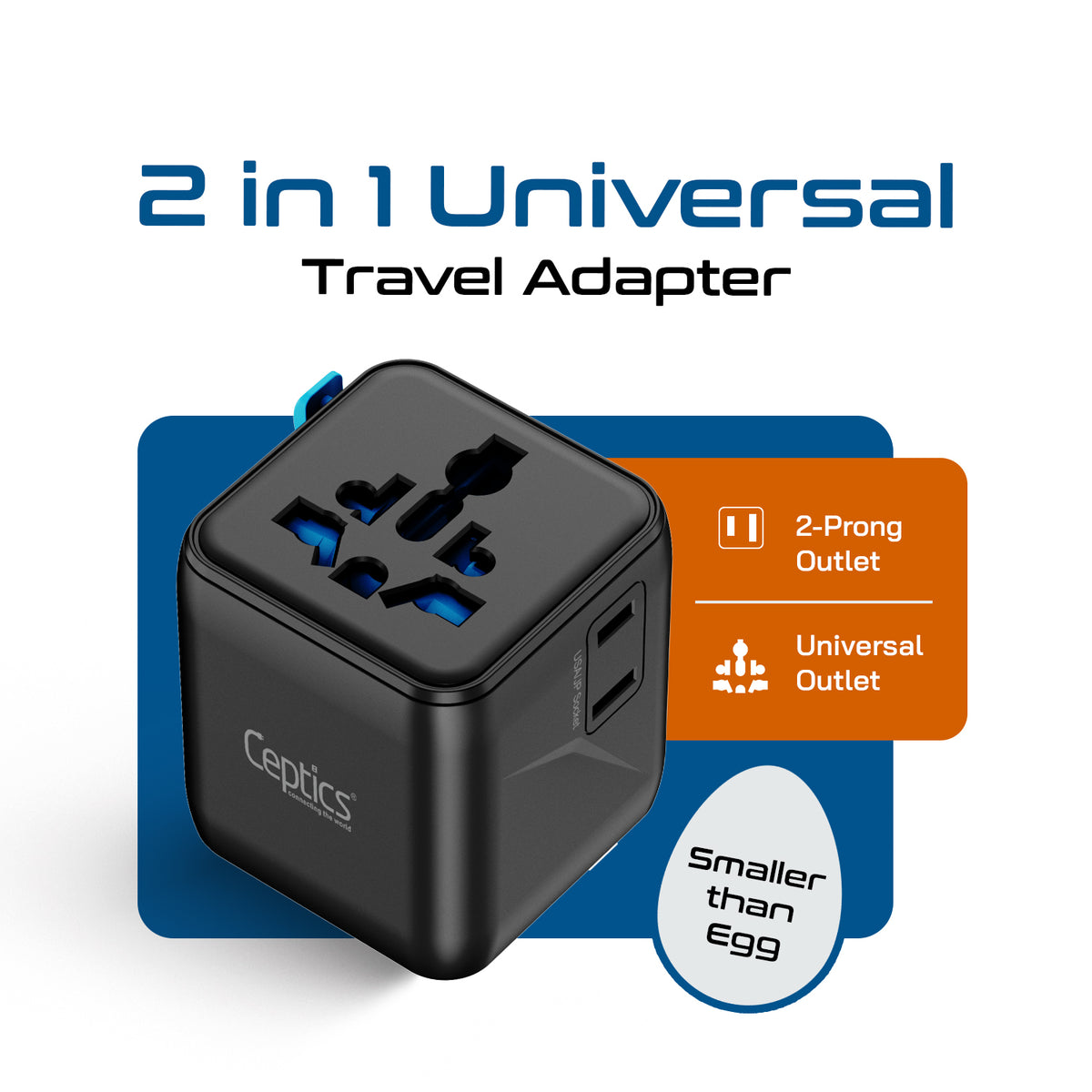 Universal travel adapter – 1 universal input & 1 N. America/Japan input – 2 in 1 travel adapter – CE & RoHS certified