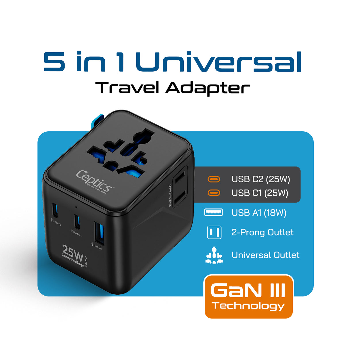 Universal travel adapter – 2 USB-C (25W) & 1 USB-A (QC 3.0) – 5 in 1 travel adapter – CE & RoHS certified