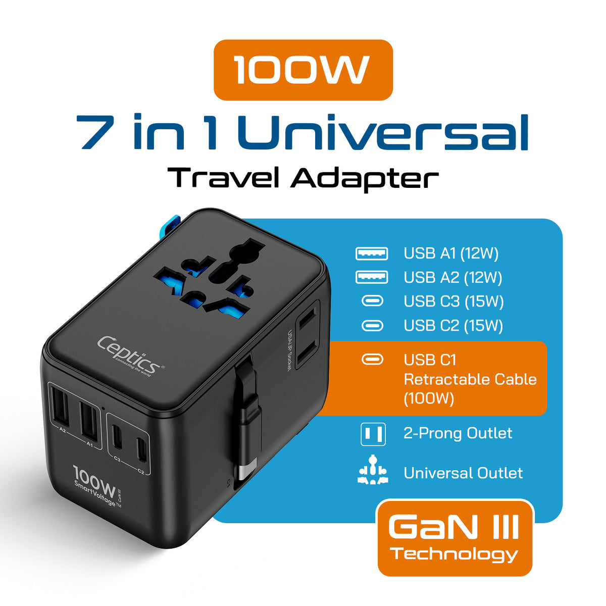 Universal travel adapter – 2 USB-A, 2 USB-C & 100W retractable USB-C cable – 7 in 1 travel adapter – CE & RoHS certified