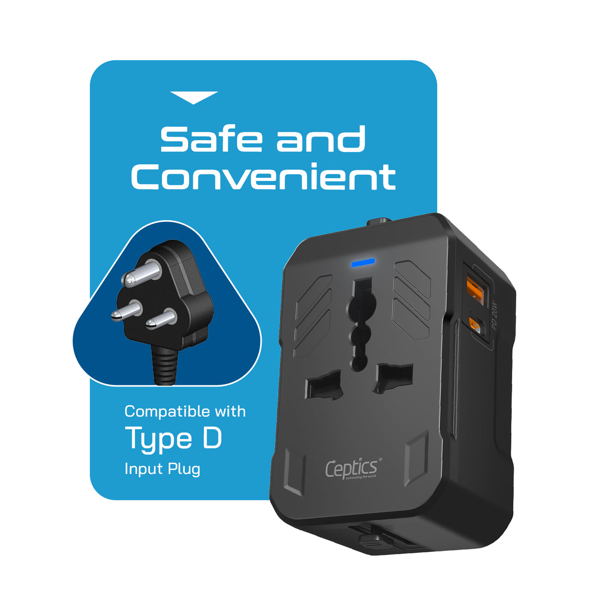Universal travel adapter with 1 USB-A & 1 USB-C – 3 in 1 travel adapter – CE & FCC certified - UP-10KU-TP
