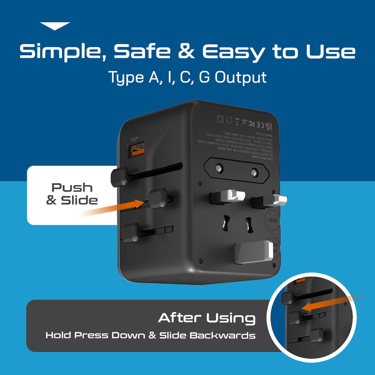 Universal travel adapter – 1 USB-A & 4 USB-C (35W) – 6 in 1 travel adapter – CE & RoHS certified