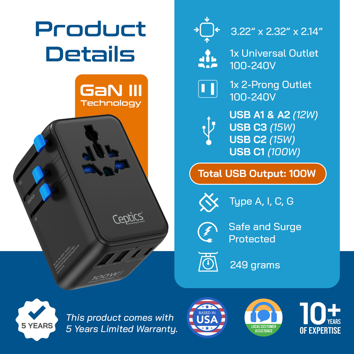 Universal travel adapter – 2 USB-A, 2 USB-C & 100W retractable USB-C cable – 7 in 1 travel adapter – CE & RoHS certified