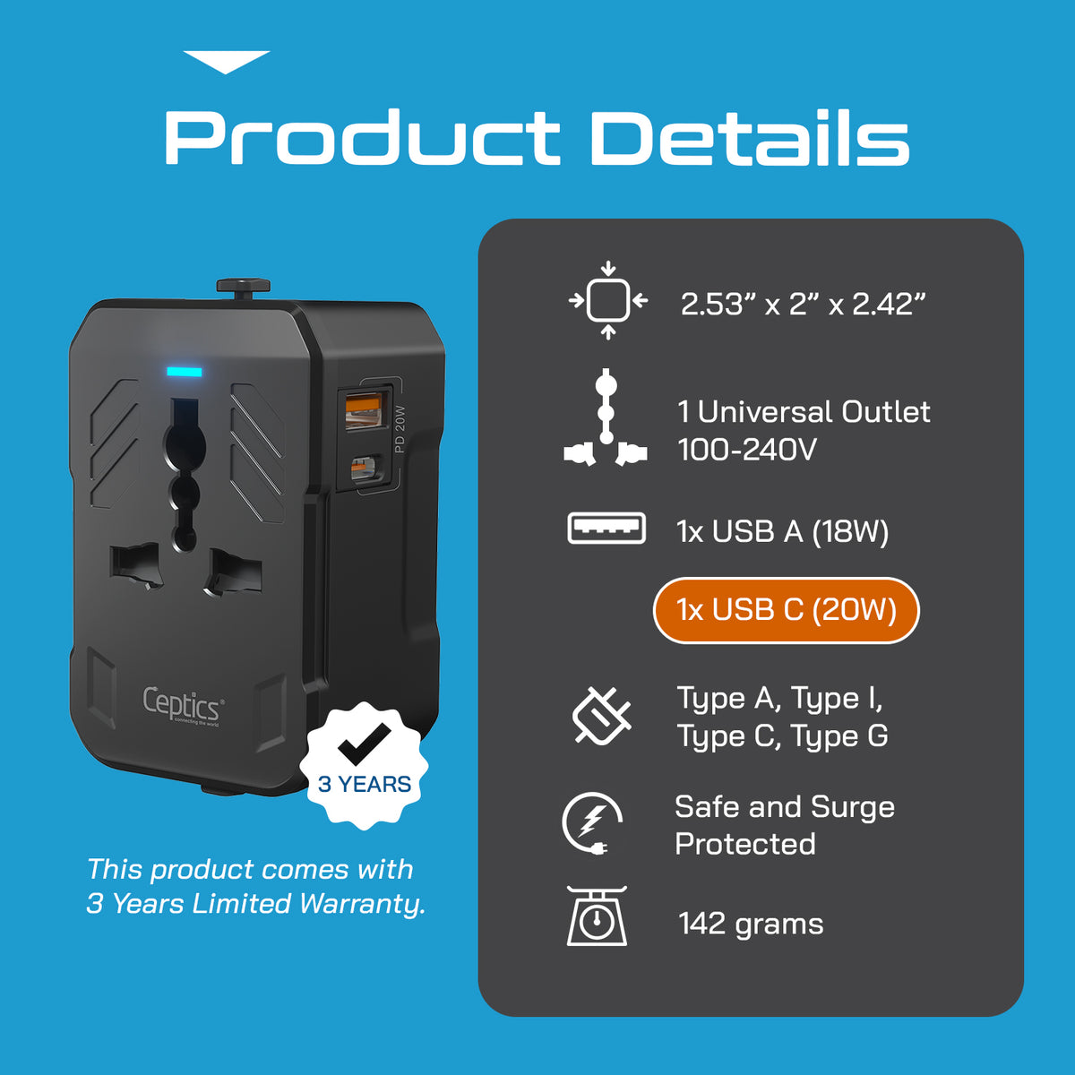 Universal travel adapter with 1 USB-A & 1 USB-C – 3 in 1 travel adapter – CE & FCC certified - UP-10KU-TP