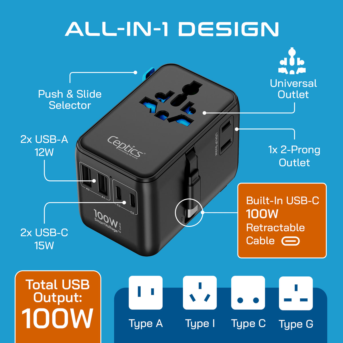 Universal travel adapter – 2 USB-A, 2 USB-C & 100W retractable USB-C cable – 7 in 1 travel adapter – CE & RoHS certified