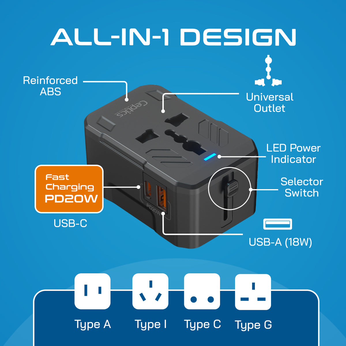 Universal travel adapter with 1 USB-A & 1 USB-C – 3 in 1 travel adapter – CE & FCC certified - UP-10KU-TP